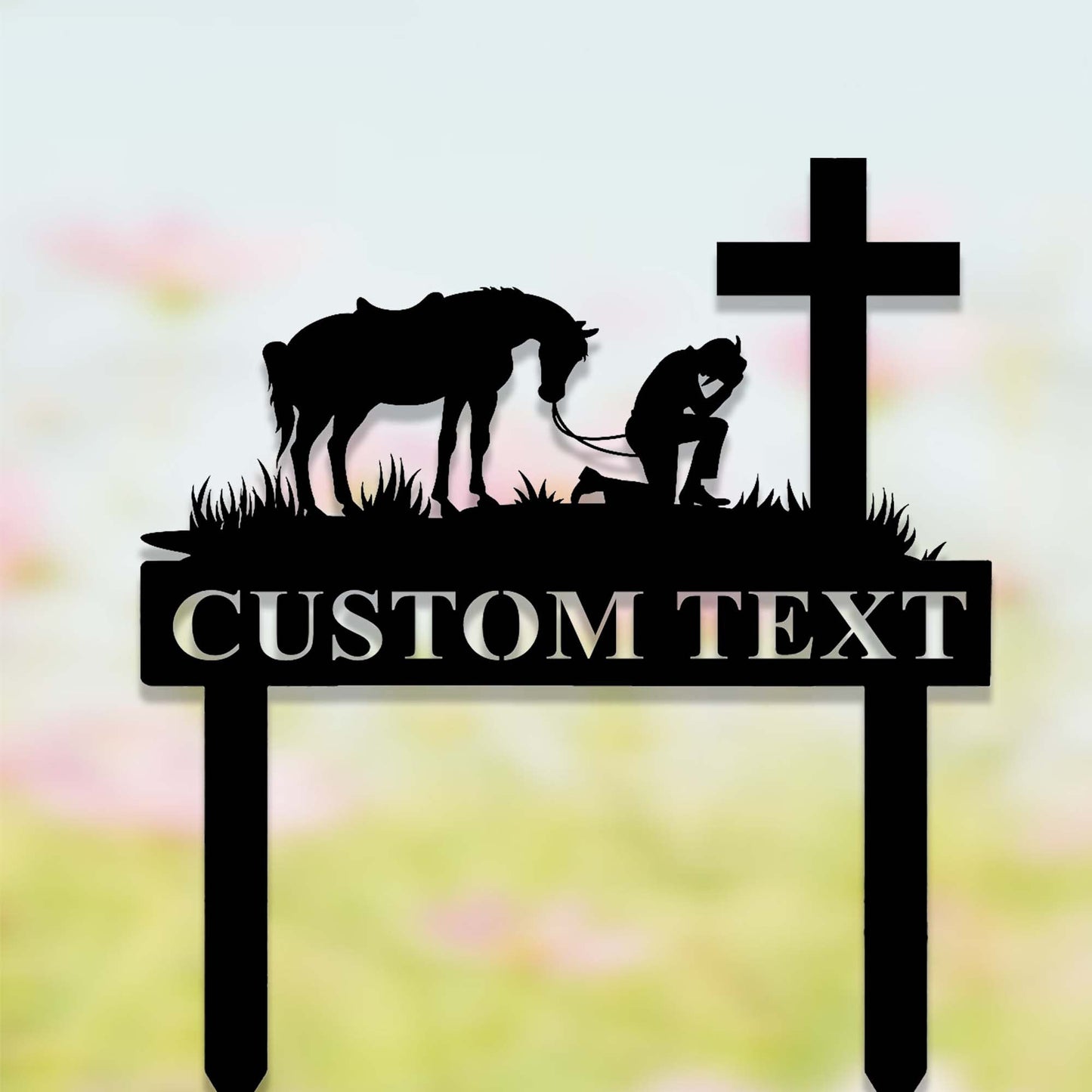 Custom Praying Cowboy Metal Sign,Cowboy with Horse Kneeling Praying at Memorial Cross Art,Personalized Cowboy Prayer Stake,Spiritual Western