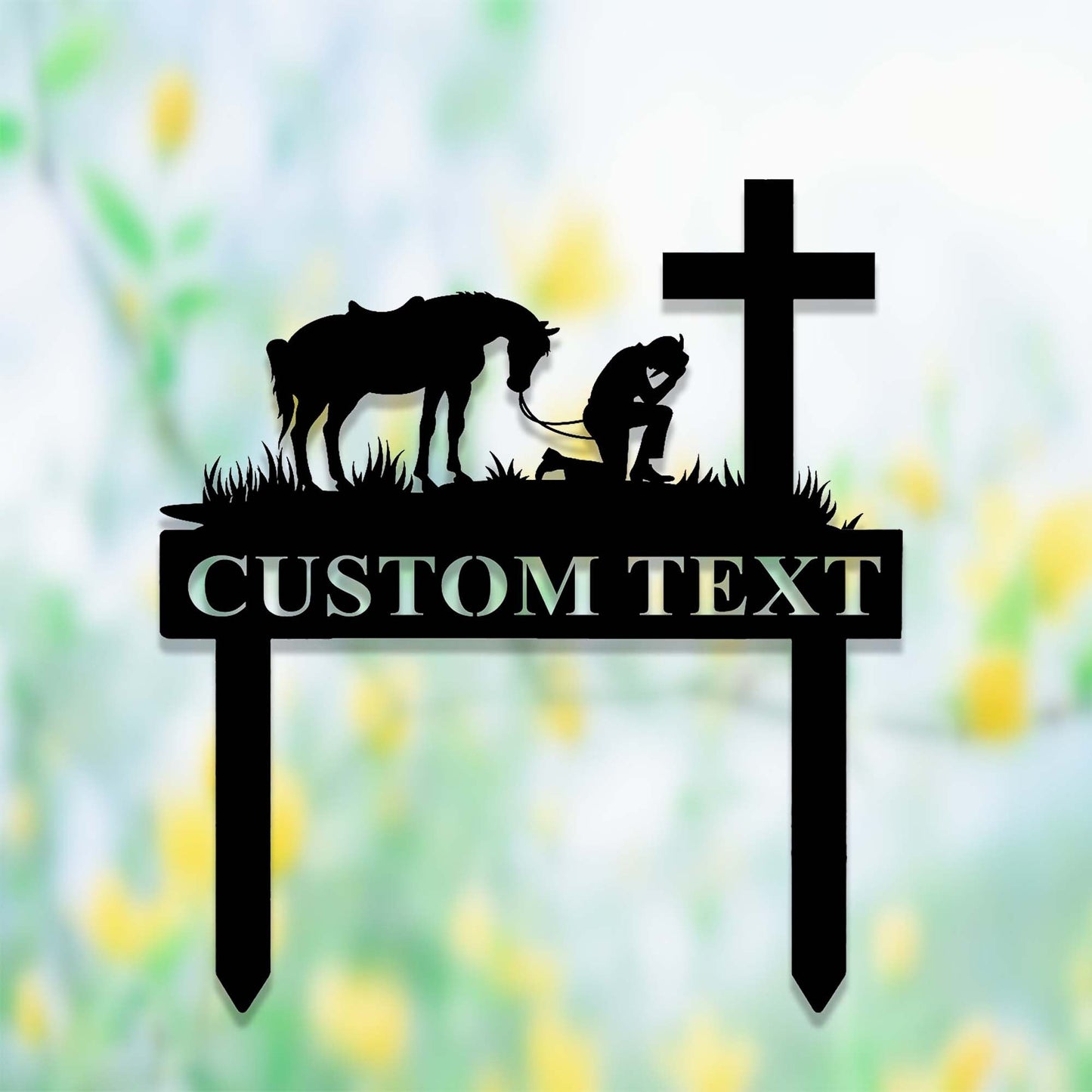 Custom Praying Cowboy Metal Sign,Cowboy with Horse Kneeling Praying at Memorial Cross Art,Personalized Cowboy Prayer Stake,Spiritual Western