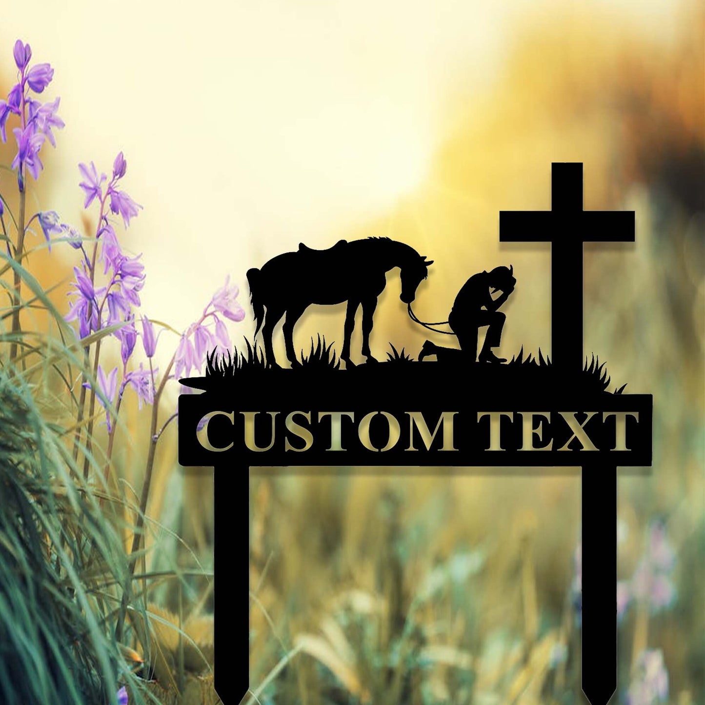 Custom Praying Cowboy Metal Sign,Cowboy with Horse Kneeling Praying at Memorial Cross Art,Personalized Cowboy Prayer Stake,Spiritual Western