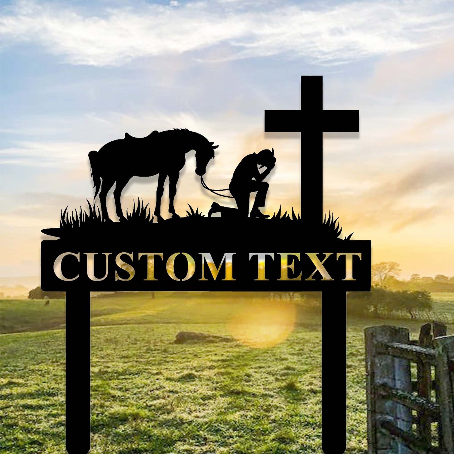 Custom Praying Cowboy Metal Sign,Cowboy with Horse Kneeling Praying at Memorial Cross Art,Personalized Cowboy Prayer Stake,Spiritual Western