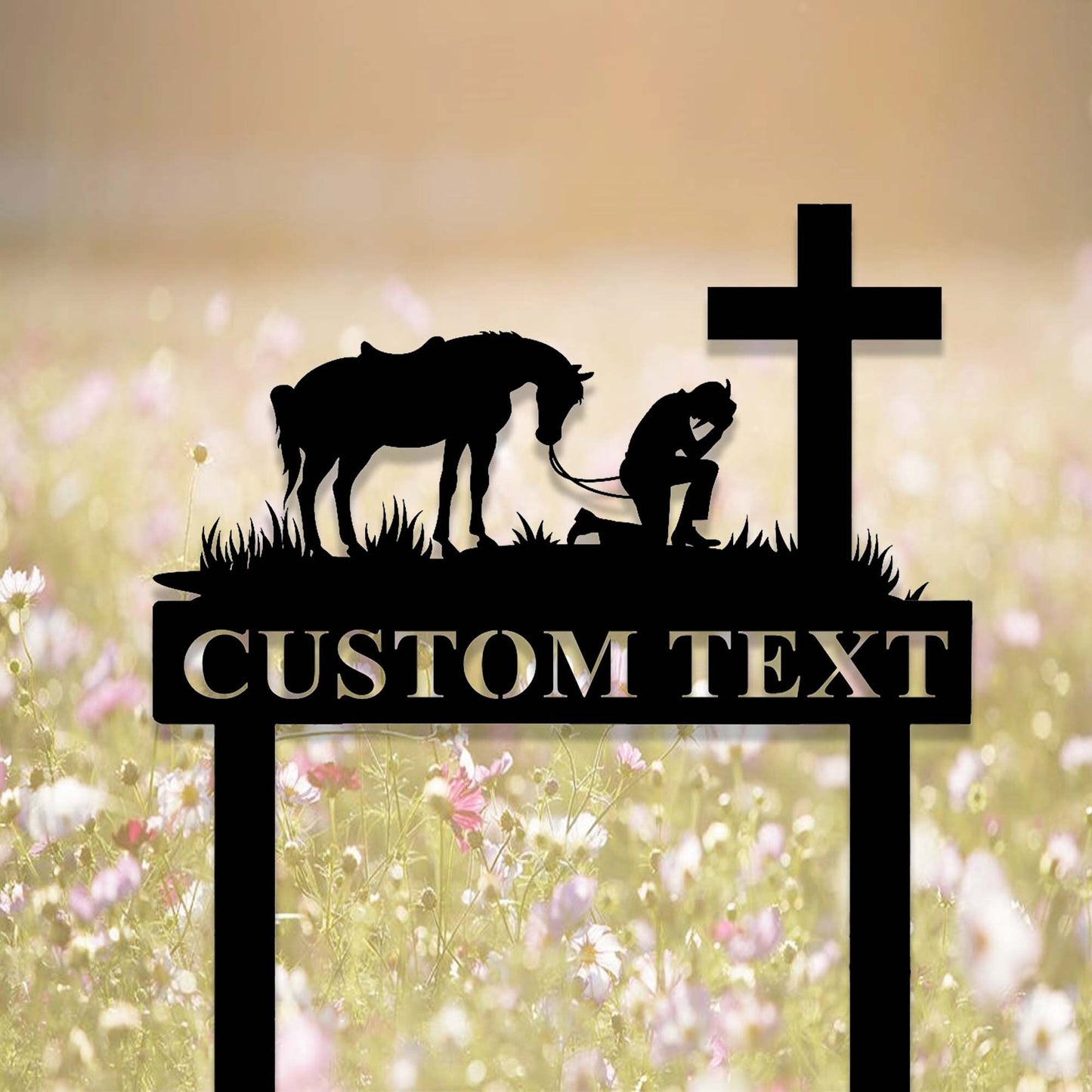 Custom Praying Cowboy Metal Sign,Cowboy with Horse Kneeling Praying at Memorial Cross Art,Personalized Cowboy Prayer Stake,Spiritual Western