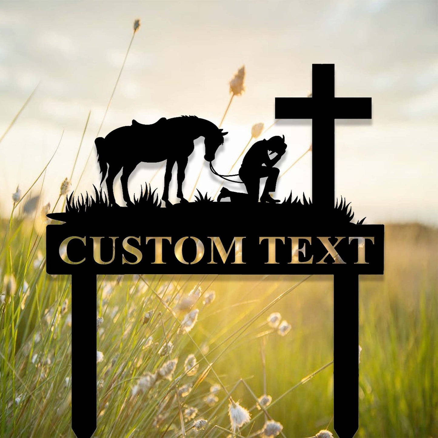 Custom Praying Cowboy Metal Sign,Cowboy with Horse Kneeling Praying at Memorial Cross Art,Personalized Cowboy Prayer Stake,Spiritual Western