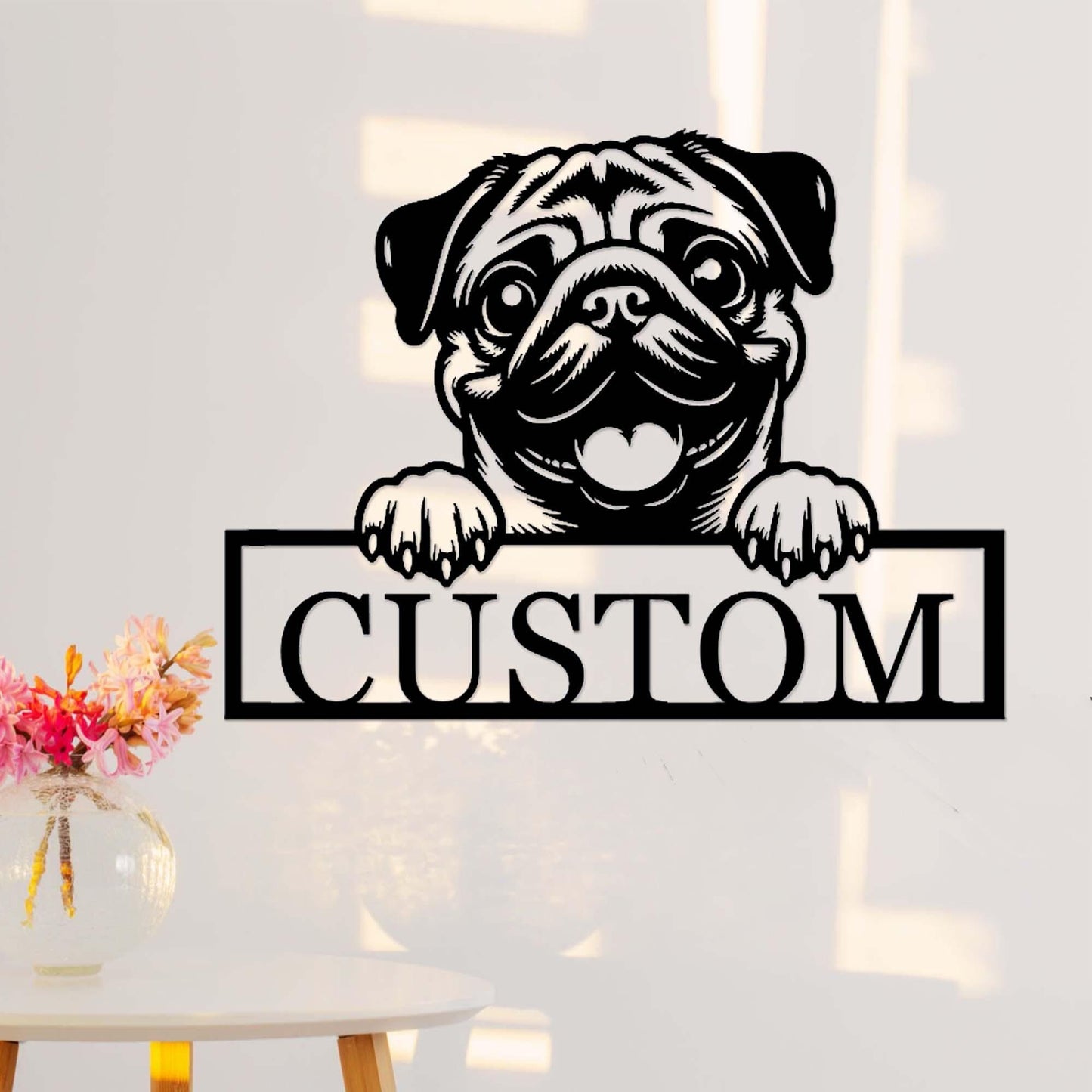 Custom Pug Dog Sign,Peeking Pug Dog Metal Wall Art,Personalized Pug Name Sign,Dog Door Hanger,Pug Nursery Decor,Pug Welcome Sign,Pug Decor