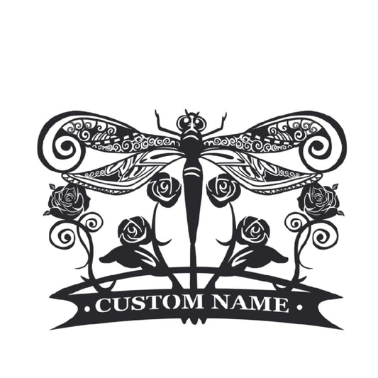 Metal Garden Sign Dragonfly Sign Custom Name Yard Decorative Sign Wall Hanging Sculpture Flower Decor Outdoor Wall Art Housewarming Gift