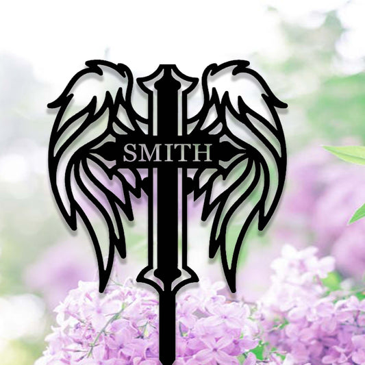 Custom Angel Wings Cross Memorial Garden Stake,Personalized Grave Marker Stake,Cemetery,Metal Memorial Cross,Yard Stake,Outdoor Garden Decor