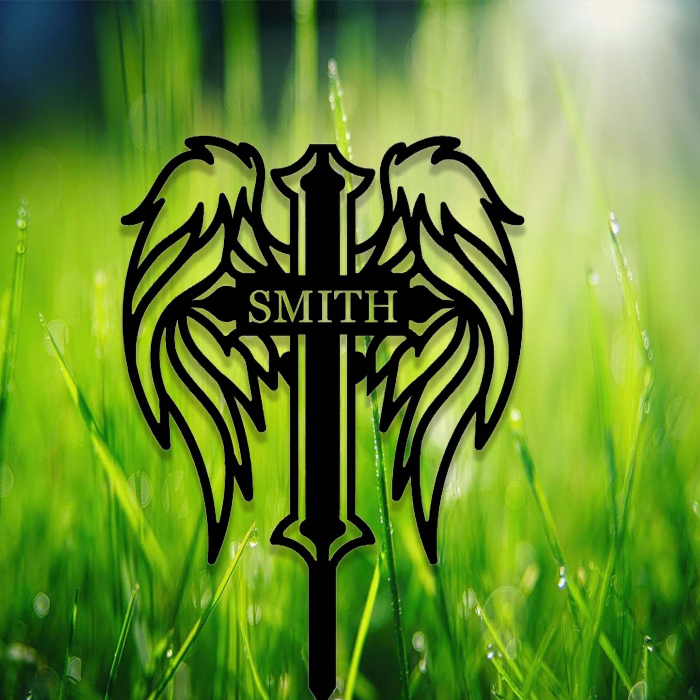 Custom Angel Wings Cross Memorial Garden Stake,Personalized Grave Marker Stake,Cemetery,Metal Memorial Cross,Yard Stake,Outdoor Garden Decor