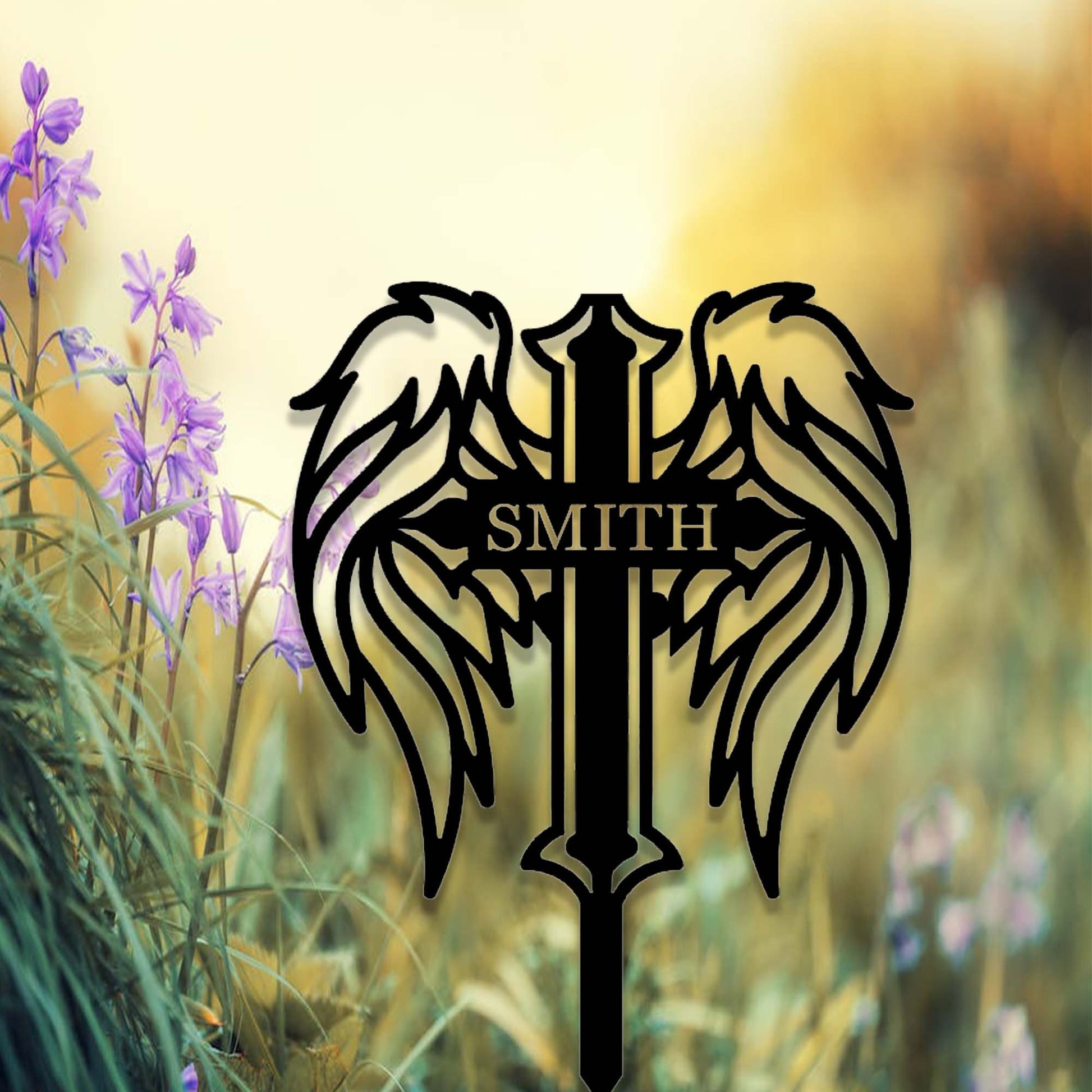 Custom Angel Wings Cross Memorial Garden Stake,Personalized Grave Marker Stake,Cemetery,Metal Memorial Cross,Yard Stake,Outdoor Garden Decor