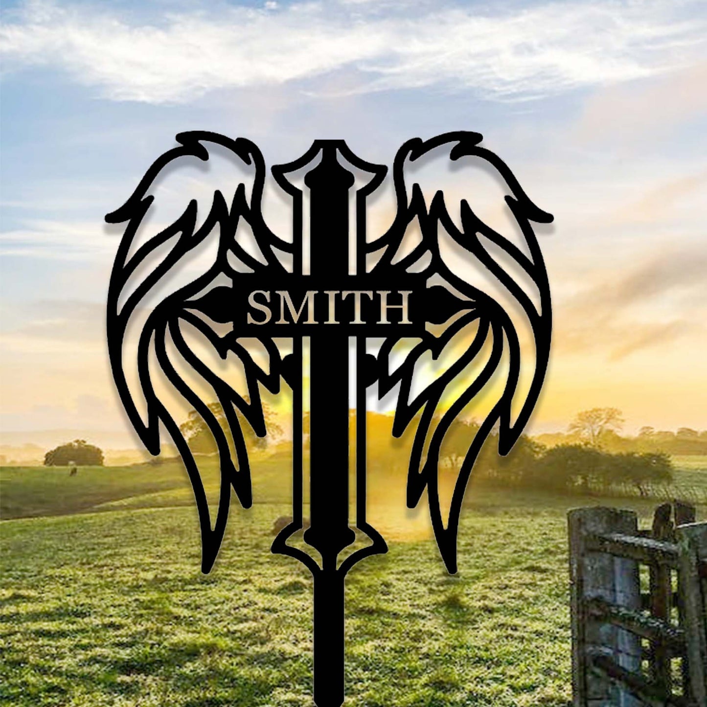 Custom Angel Wings Cross Memorial Garden Stake,Personalized Grave Marker Stake,Cemetery,Metal Memorial Cross,Yard Stake,Outdoor Garden Decor