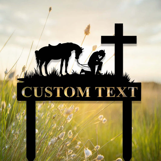 Custom Praying Cowboy Metal Sign,Cowboy with Horse Kneeling Praying at Memorial Cross Art,Personalized Cowboy Prayer Stake,Spiritual Western