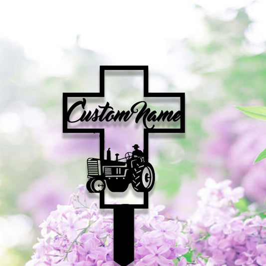 Custom Farmer Memorial Cross Garden Stake,Personalized Grave Marker Stake,Cemetery Stake,Memorial Cross Metal Sign,In Memorial Of Gift