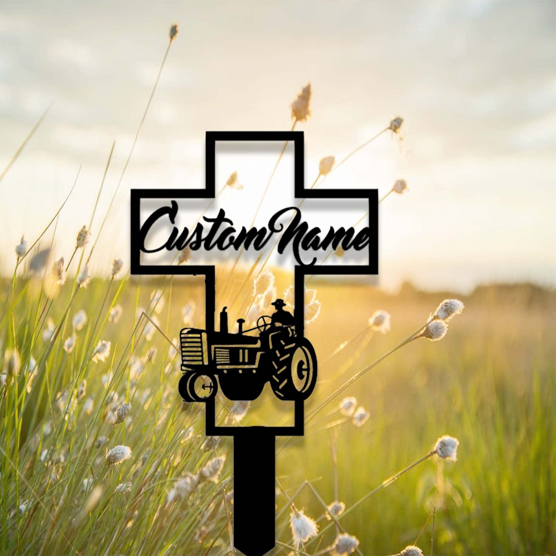 Custom Farmer Memorial Cross Garden Stake,Personalized Grave Marker Stake,Cemetery Stake,Memorial Cross Metal Sign,In Memorial Of Gift
