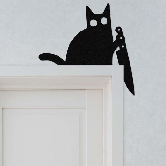 Halloween Door Corner Metal Sign,Black Cat Door Corner Decor,Cat with Knife Topper,Door Frame Decor,Halloween Decor,Spooky Gift,Corner Decor