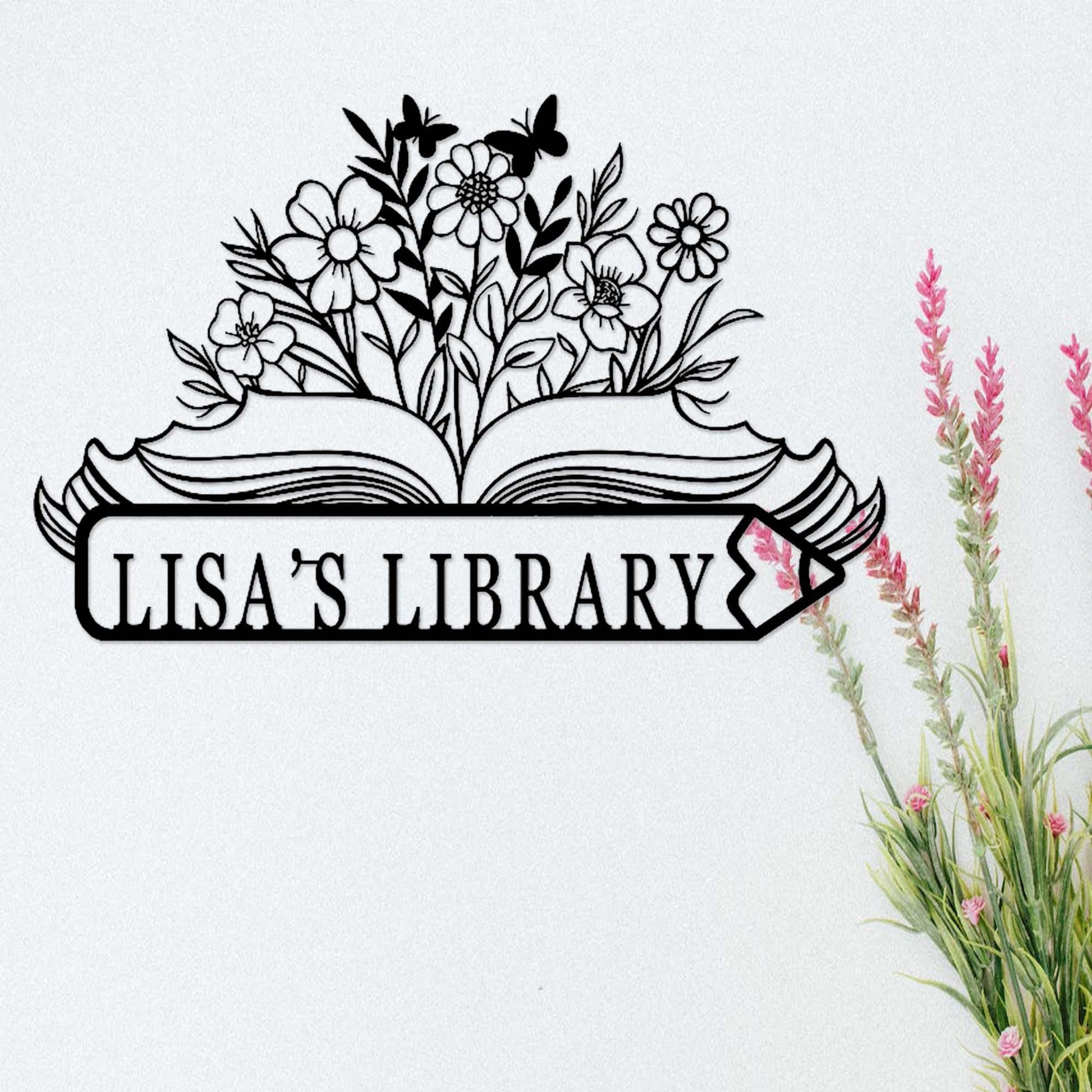 Personalized Book Nook Sign,Custom Library Metal Sign,Floral Bookshelf Bookcase Sign,Reading Corner Decor,Book Worm Gift,Study Room Decor