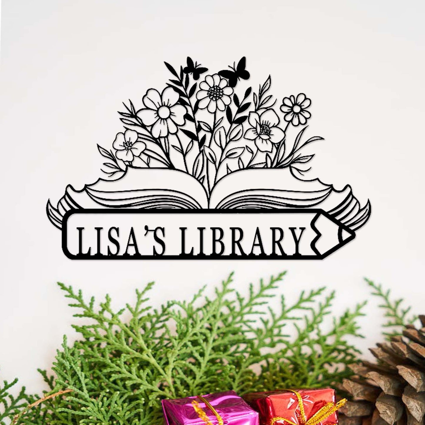 Personalized Book Nook Sign,Custom Library Metal Sign,Floral Bookshelf Bookcase Sign,Reading Corner Decor,Book Worm Gift,Study Room Decor