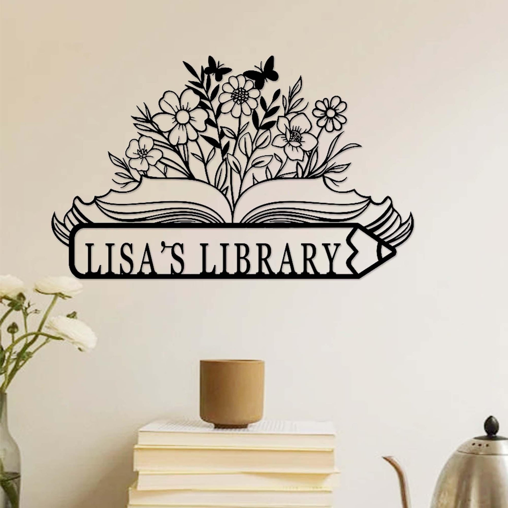 Personalized Book Nook Sign,Custom Library Metal Sign,Floral Bookshelf Bookcase Sign,Reading Corner Decor,Book Worm Gift,Study Room Decor