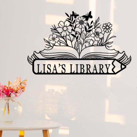 Personalized Book Nook Sign,Custom Library Metal Sign,Floral Bookshelf Bookcase Sign,Reading Corner Decor,Book Worm Gift,Study Room Decor
