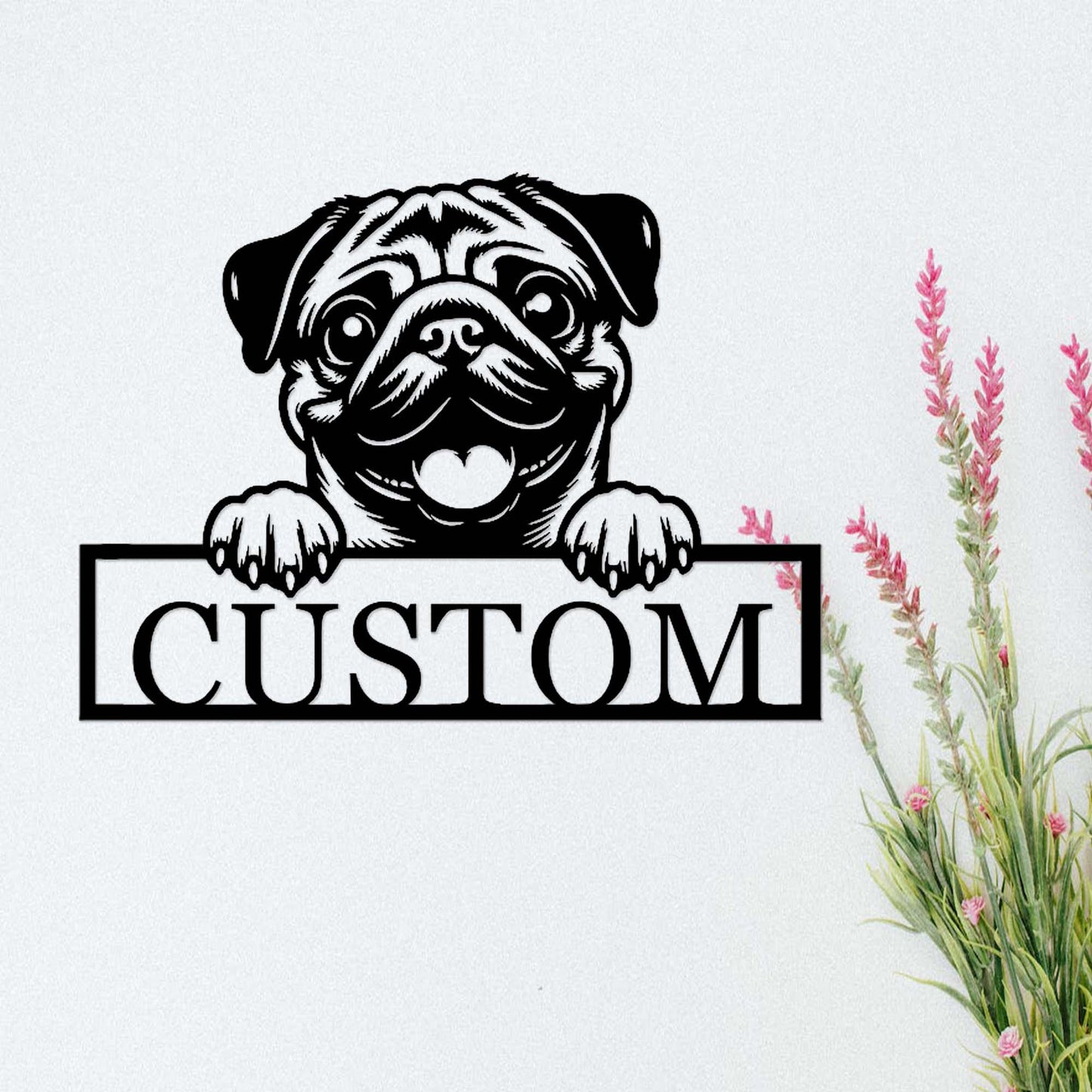 Custom Pug Dog Sign,Peeking Pug Dog Metal Wall Art,Personalized Pug Name Sign,Dog Door Hanger,Pug Nursery Decor,Pug Welcome Sign,Pug Decor