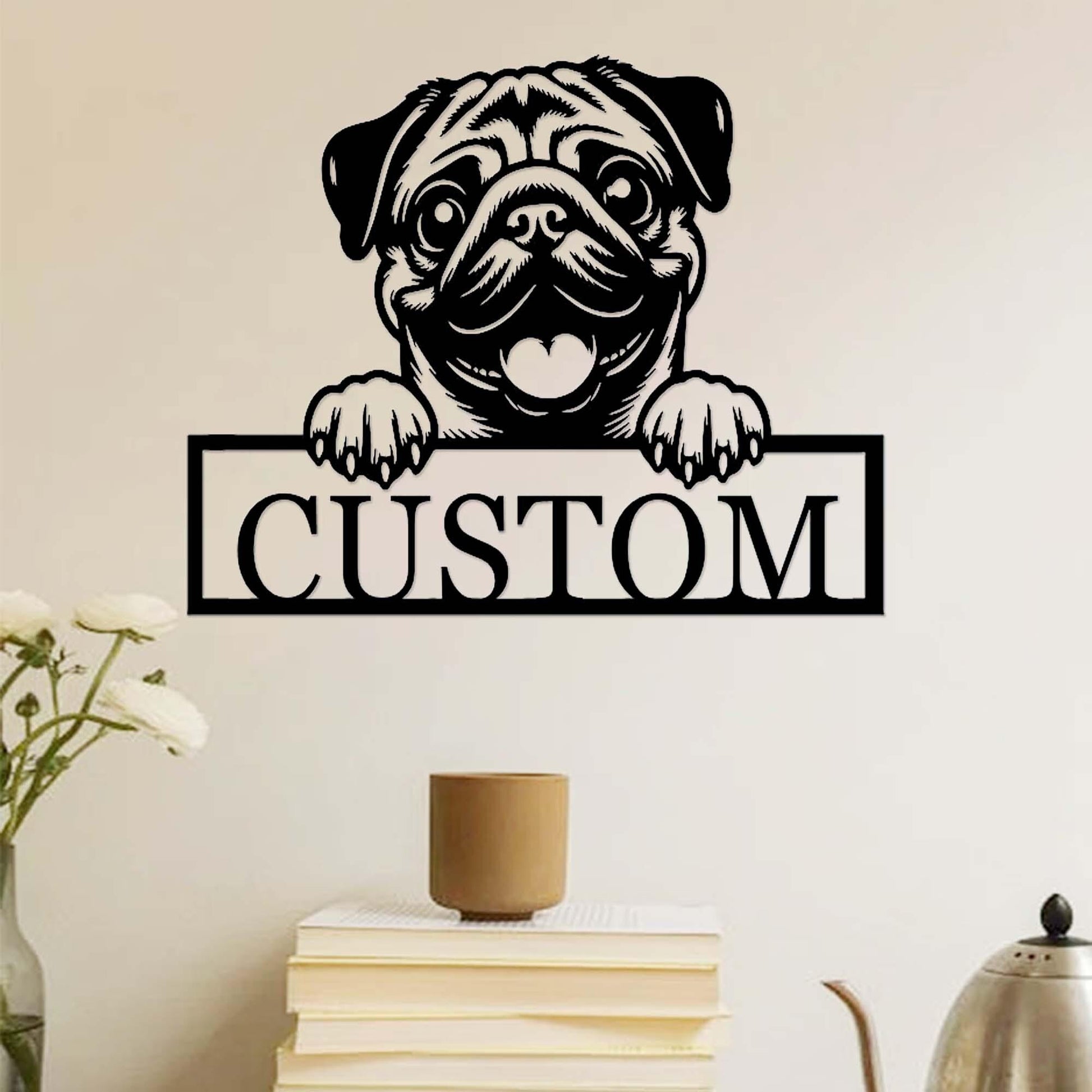 Custom Pug Dog Sign,Peeking Pug Dog Metal Wall Art,Personalized Pug Name Sign,Dog Door Hanger,Pug Nursery Decor,Pug Welcome Sign,Pug Decor
