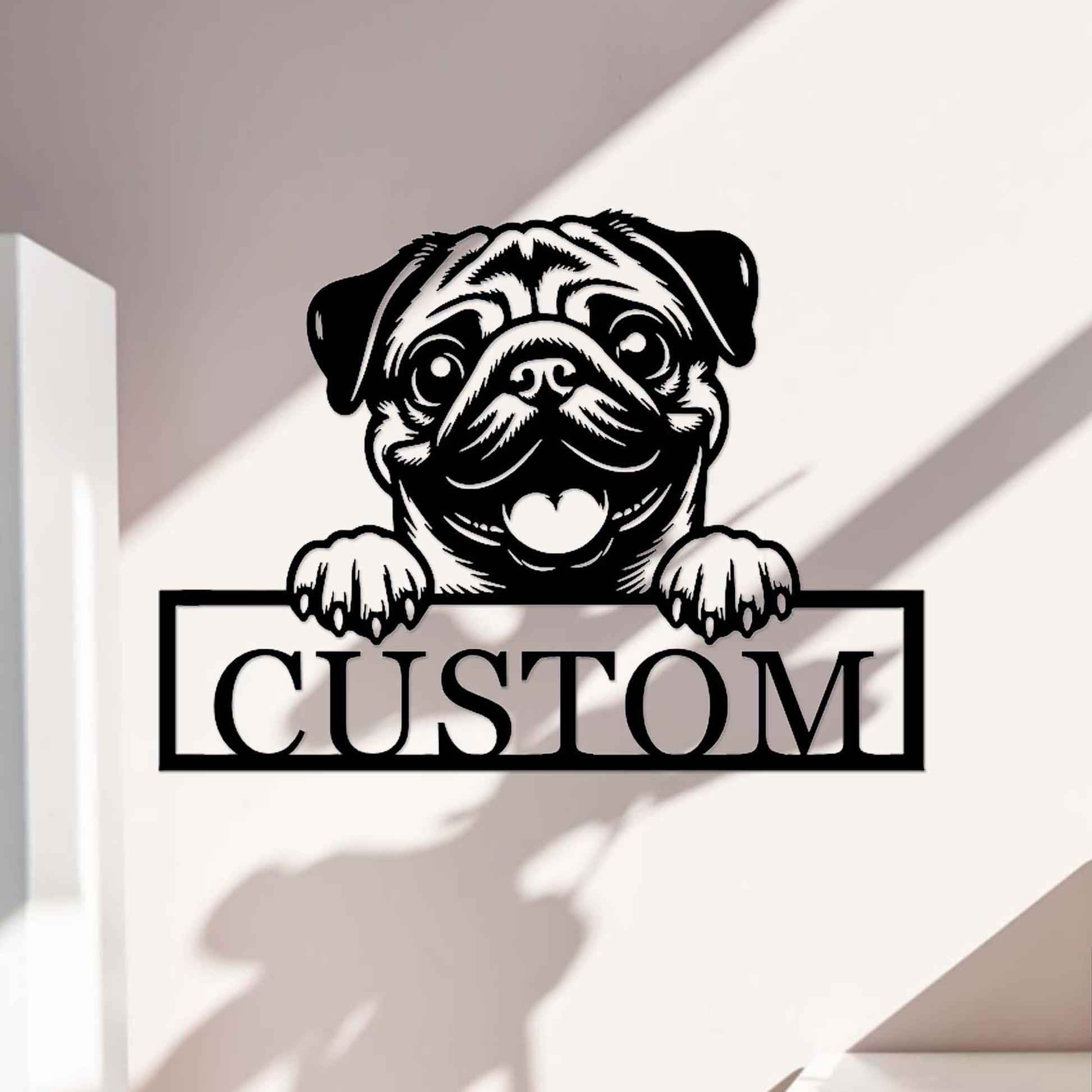 Custom Pug Dog Sign,Peeking Pug Dog Metal Wall Art,Personalized Pug Name Sign,Dog Door Hanger,Pug Nursery Decor,Pug Welcome Sign,Pug Decor