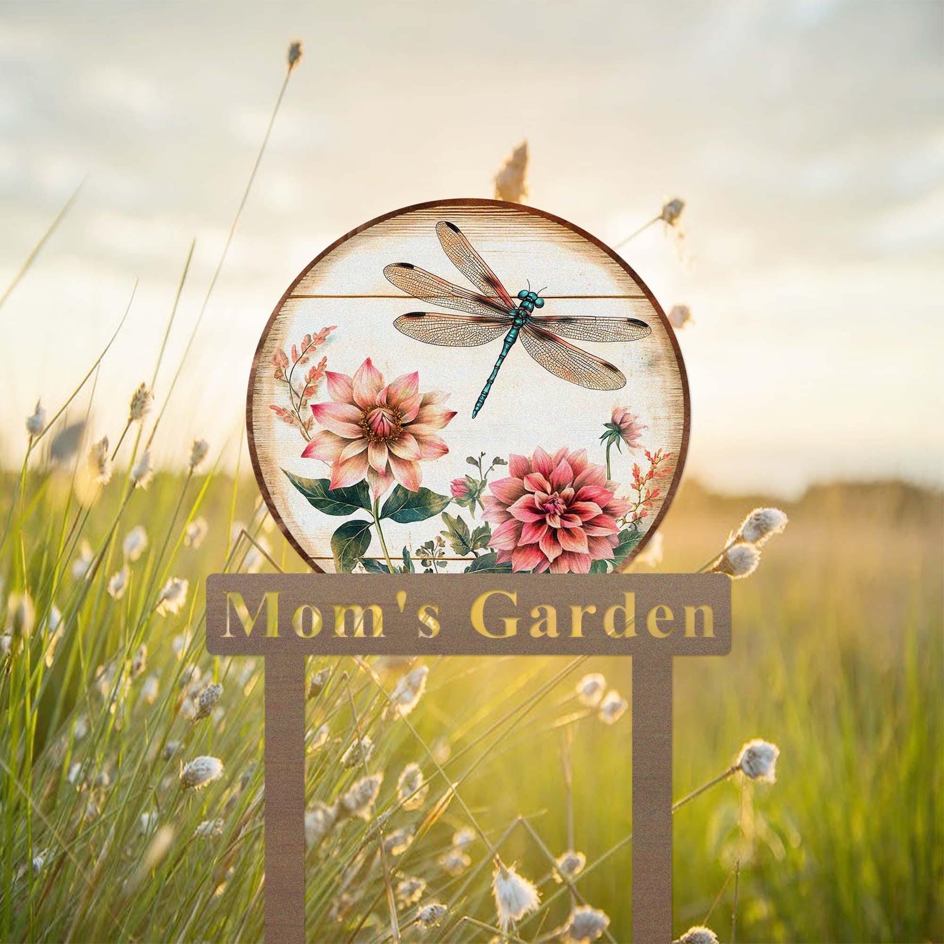 Custom Dragonfly Garden Sign Stake, Metal Dragonfly With Lotus Flower Garden Decor, Personalized Gardener Name Stake, Flower Beds Decor