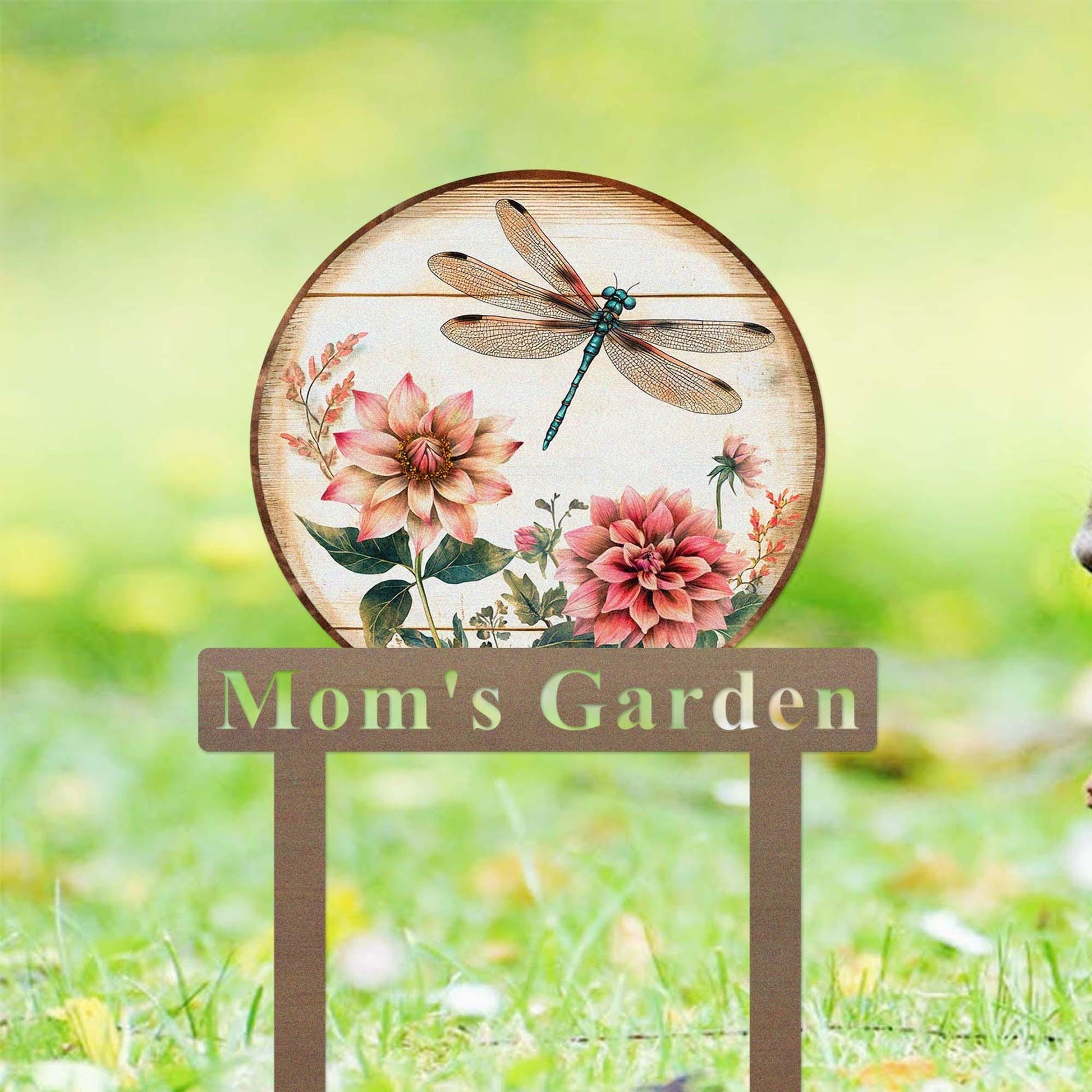 Custom Dragonfly Garden Sign Stake, Metal Dragonfly With Lotus Flower Garden Decor, Personalized Gardener Name Stake, Flower Beds Decor